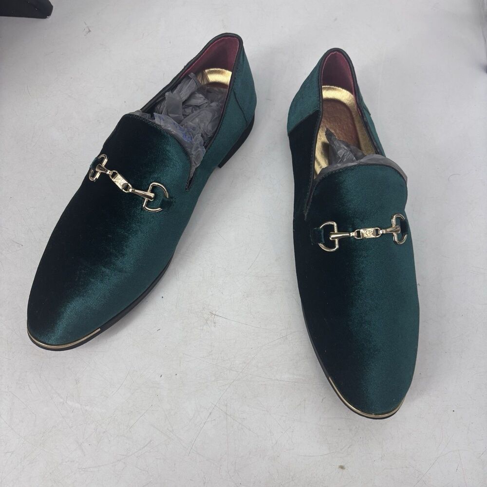 Green Velvet Loafers Dress Shoes Mens 8 EU Size 41 Gold Buckle Prom Party